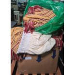 Quantity of valances, gold coloured fabric with dark red stripe, fringed (1 box)Condition