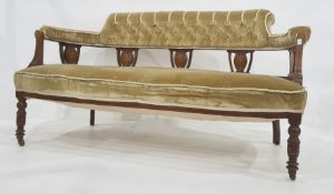 Victorian sofa upholstered seat and back, turned and ringed front legs to brown china