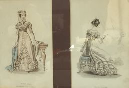Pair of coloured engravings "Morning Dress" and "Evening Costume", 21cm x 13cm framed together