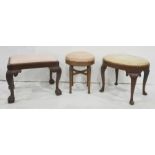 Three assorted dressing table stools including a rectangular mahogany framed example, on cabriole
