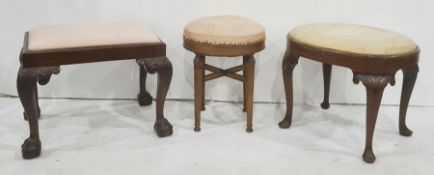 Three assorted dressing table stools including a rectangular mahogany framed example, on cabriole