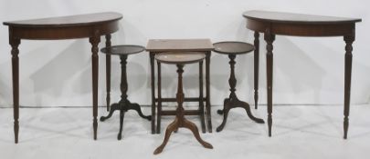 Two reproduction D-end hall tables, three assorted wine tables and a nest of two mahogany and banded
