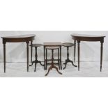 Two reproduction D-end hall tables, three assorted wine tables and a nest of two mahogany and banded