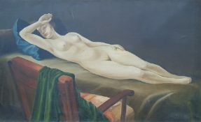 British school 20th century Oil on canvas Reclining female nude, 52cm x 85cm (unframed)  Condition