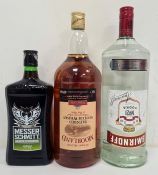 1.5  litre Smirnoff vodka, 1.5 litre Moorland Blended Scotch and a 70cl bottle of Messerschmitt