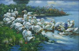 20th/21st century school Oil on canvas Ducks on the bank, unsigned, 59 x 92 cm