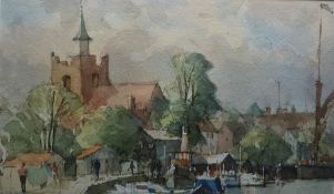 Paul Banning Watercolour "Rising Tide, Maldon", harbour scene with church and buildings in