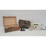 Penwork and painted walnut casket, rectangular, three model cars, quartz mantel clock and a small