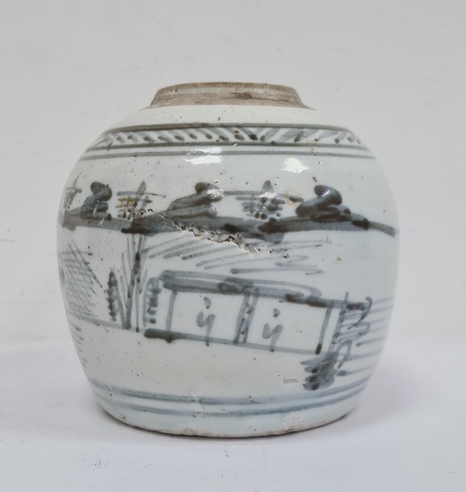 Old Chinese ginger jar of typical form with underglaze blue painted decoration, lake scene with boat