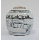 Old Chinese ginger jar of typical form with underglaze blue painted decoration, lake scene with boat