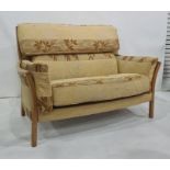 Three seater and two seater sofa by Ercol in a gold ground foliate patterned upholstery (3)