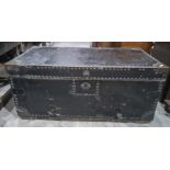 Vintage black leather and studded trunk, 84cm x 38cm