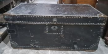 Vintage black leather and studded trunk, 84cm x 38cm