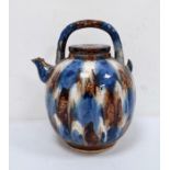 20th century large blue and brown treacle type glazed teapot, ovoid shaped, with short spout, 33cm