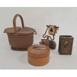 19th century miniature straw work basket, a mauchline ware box with a view of the Bridge of Allan, a