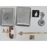 Small collection of items to include gold-plated cufflinks, Armed forces pin badge, two copper