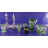 20th century green overlaid cut glass lemonade jug and six matching tumblers, a pair of glass