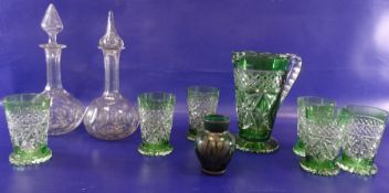 20th century green overlaid cut glass lemonade jug and six matching tumblers, a pair of glass