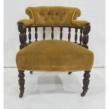 Two armchairs and three late Victorian dining chairs upholstered in mustard yellow fabric (5)