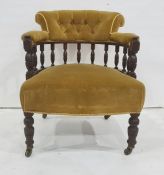 Two armchairs and three late Victorian dining chairs upholstered in mustard yellow fabric (5)