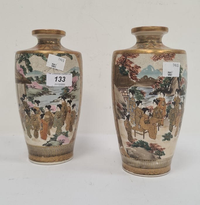 Pair Satsuma pottery vases, female figure decorated in mountainous river landscapes (very - Image 7 of 8