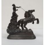 Spelter model of a woman driving a chariot with two rearing horses, 31cm high