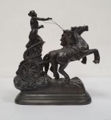 Spelter model of a woman driving a chariot with two rearing horses, 31cm high