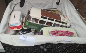 A biscuit tin formed as a Campervan, a tin model of a campervan , a ceramic model campervan