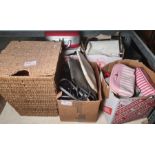 Assorted vintage handbags, a laundry basket, various vintage scarves (5 boxes)