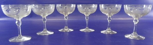 Set of six saucer champagnes, vine and leaf etched