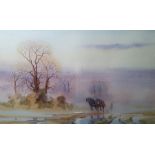 Watercolour Horses on a misty morning, 30cm x 50cm  After John Preston Limited edition etching