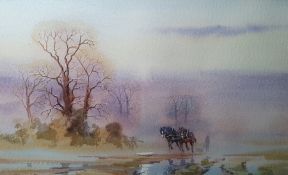 Watercolour Horses on a misty morning, 30cm x 50cm  After John Preston Limited edition etching