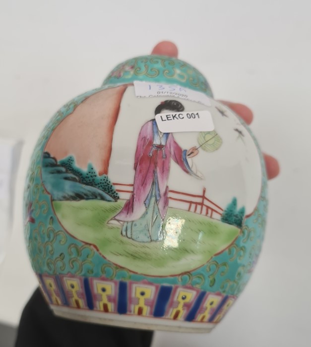 Chinese ginger jar and cover with painted panels depicting a man and boy and a lady with fan, - Image 3 of 3