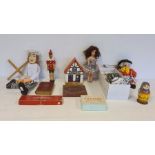 Part Bone chess set, a wooden puppet, a Lexicon card game,  Bridge, Bezique boxed, Russian dolls,