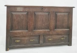 19th century oak mule chest, the plank top with pleated end supports and moulded edge above three