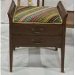 Early 20th century piano stool with needlework top and two music drawers, on square section tapering