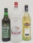 1.5 litre bottle of Archer's Peach Schnapps, bottle of Martini Bianco and a bottle of Stone's