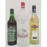 1.5 litre bottle of Archer's Peach Schnapps, bottle of Martini Bianco and a bottle of Stone's