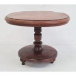 Miniature/apprentice mahogany circular table, on turned support, circular base and bun feet, 18cm