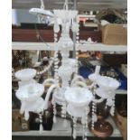 Modern white glass six-branch electrolier hung with glass drops and chains
