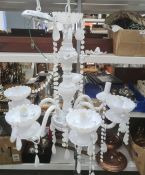 Modern white glass six-branch electrolier hung with glass drops and chains