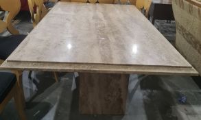 Rectangular marble topped table on single pedestal support, 169 cms. length, x 100w cms x 73 cms