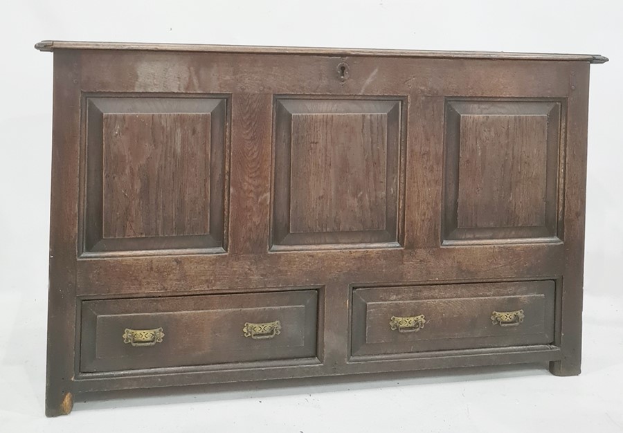 19th century oak mule chest, the plank top with pleated end supports and moulded edge above three - Image 2 of 2