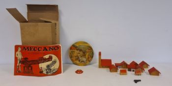 Quantity of Meccano in old transistor radio box, wooden chalet type model houses etc (2 boxes)