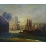 19th century Continental school Oil on canvas Sailing barges with buildings behind and a fisherman