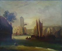 19th century Continental school Oil on canvas Sailing barges with buildings behind and a fisherman