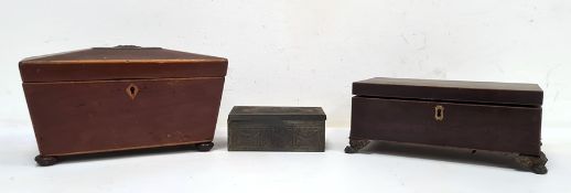 Sarcophagus-shaped tea caddy, a further box with compartmented interior and an embossed cigarette