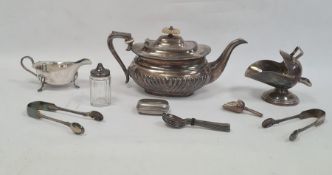 Victorian silver-plated teapot, a silver-plated sugar bowl in the form of a coal scuttle and various