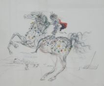 After Salvador Dali Coloured lithograph Rearing horse with caped rider bearing a signature in pencil