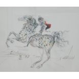 After Salvador Dali Coloured lithograph Rearing horse with caped rider bearing a signature in pencil